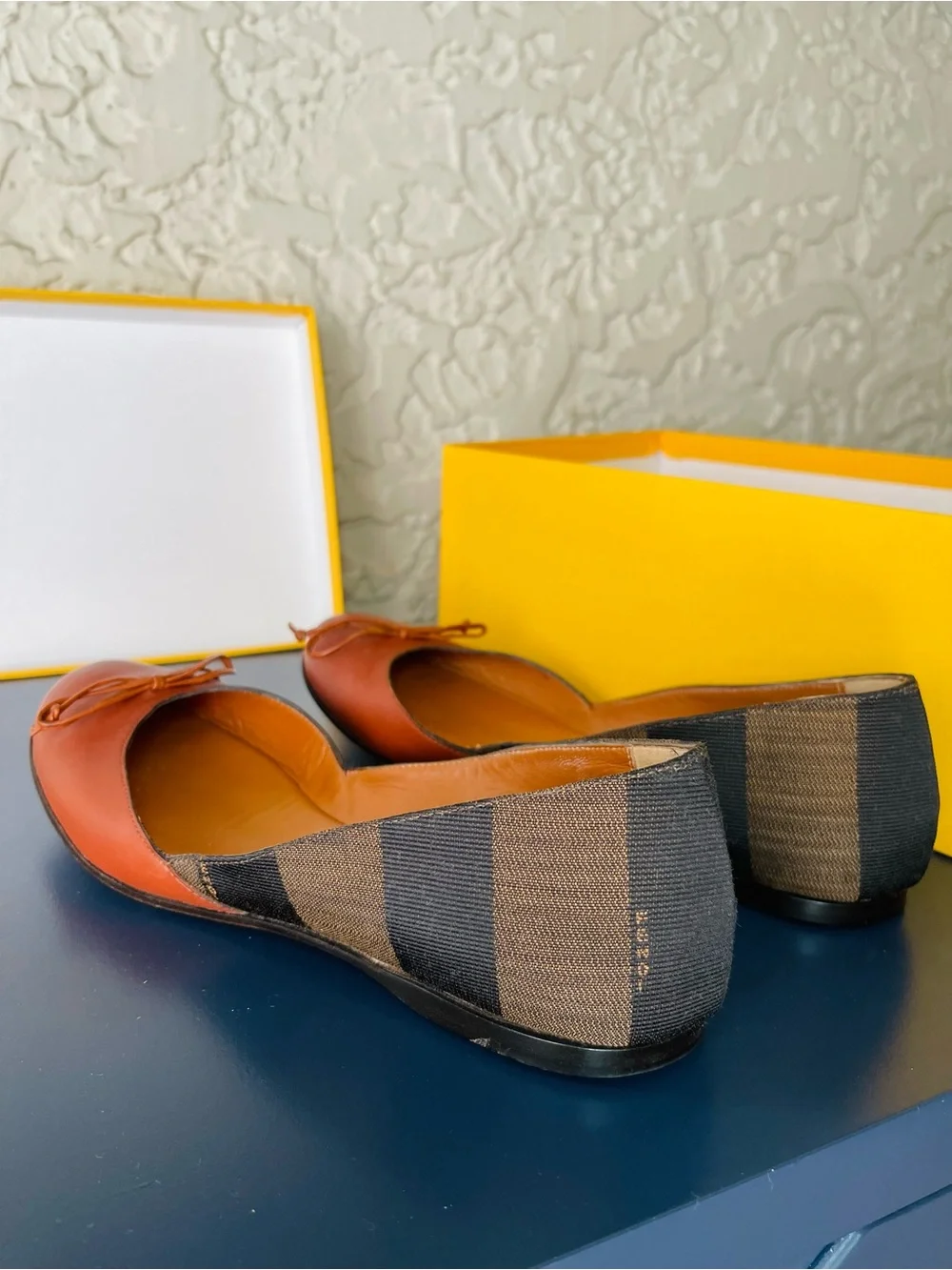 Authentic Fendi Brown Leather & Striped Fabric Ballet Flats Size 38 EUR